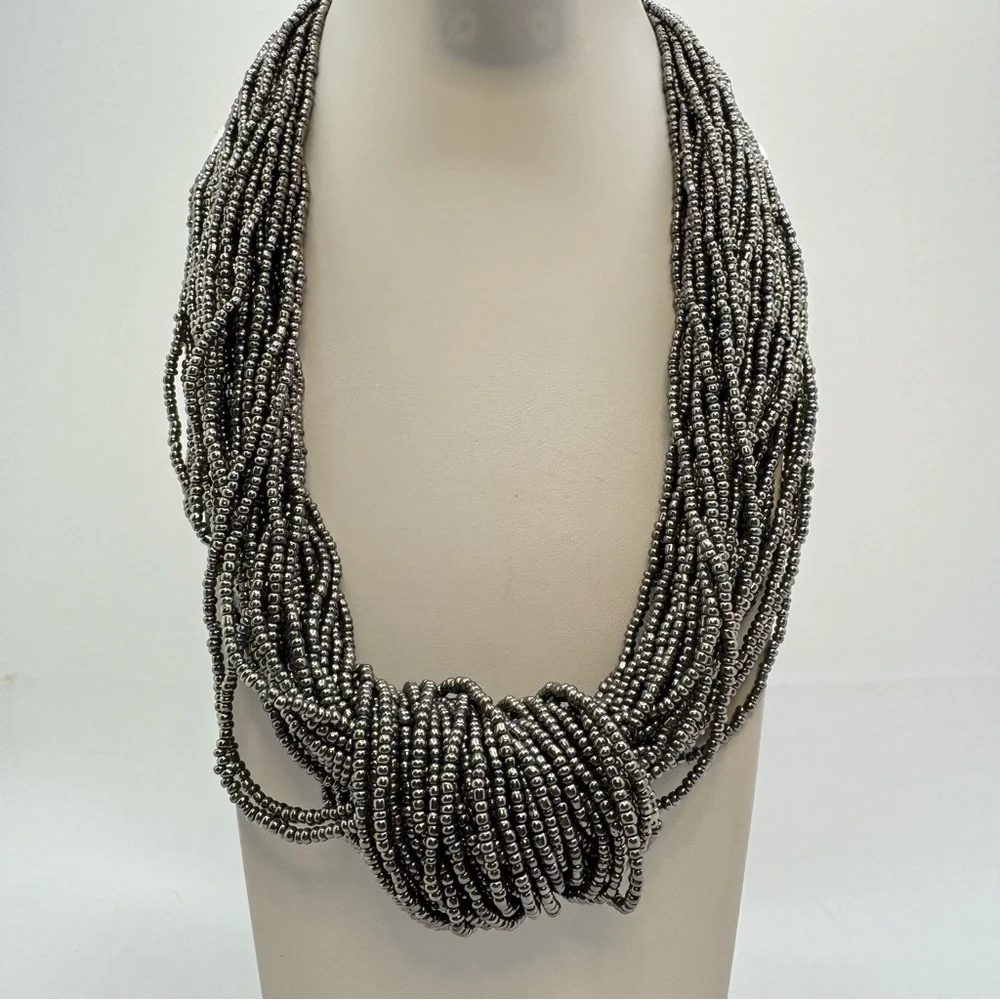 Multi Strand Gunmetal Seed Bead Statement Necklace Bold Weighted Boho Chunky